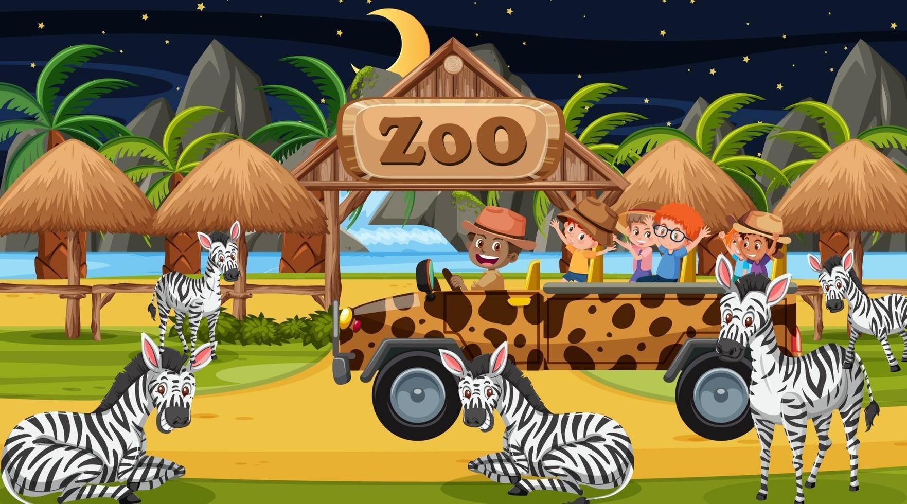 safari på nattscenen med barn som tittar på zebragruppen vektor