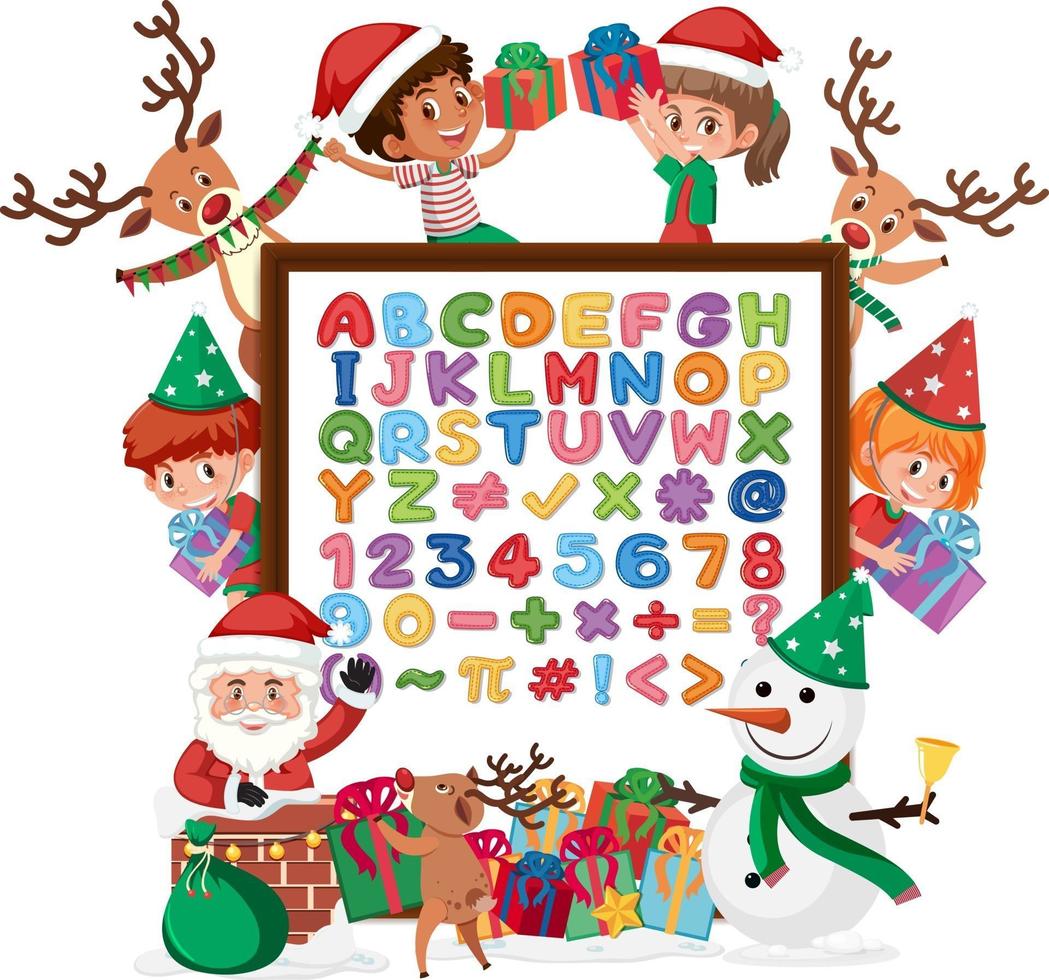 Alphabet az und mathematische Symbole auf einem Brett mit vielen Kindern in Weihnachtskostümen vektor