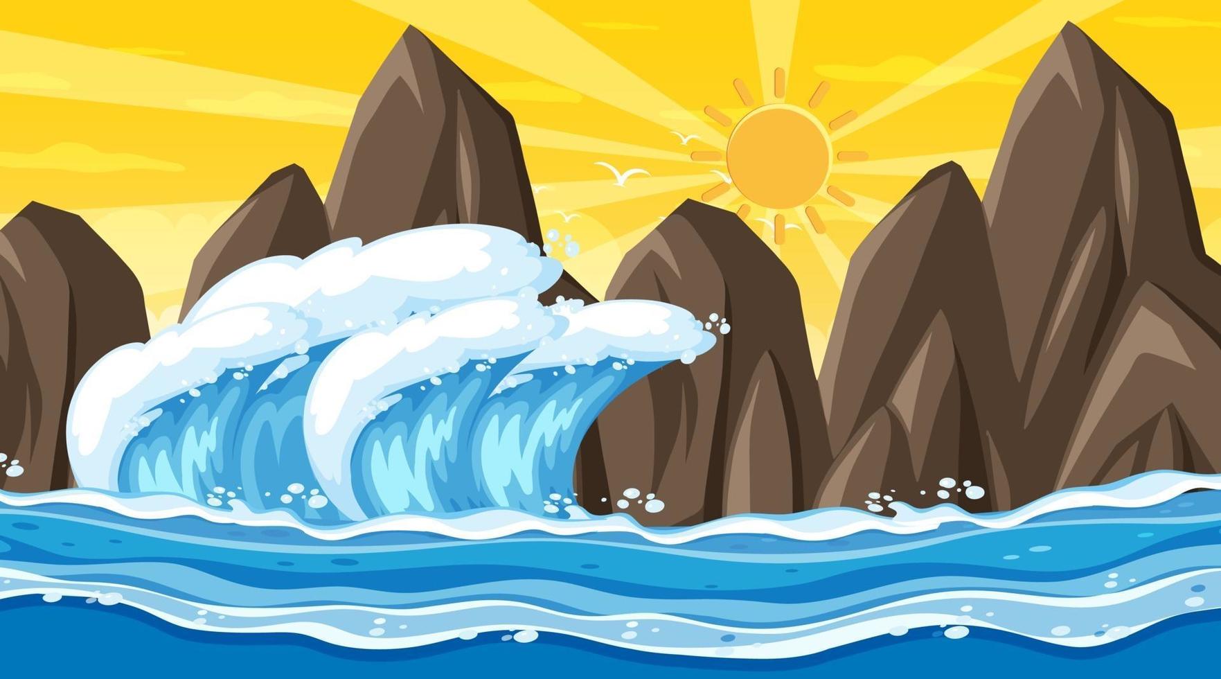 Strandlandschaft bei Sonnenuntergangsszene mit Ozeanwelle vektor