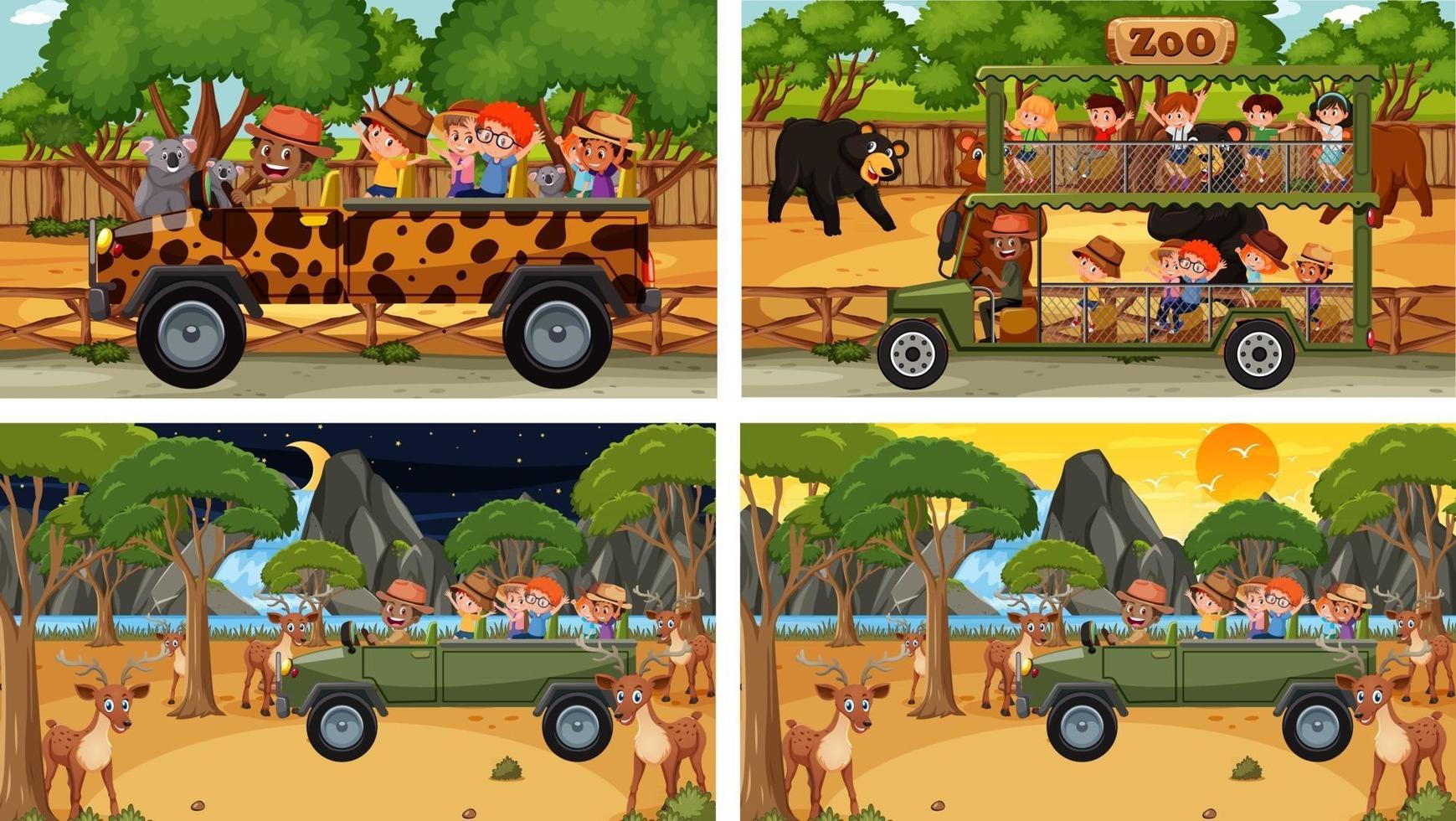 uppsättning av olika djur i safari scener med barn vektor