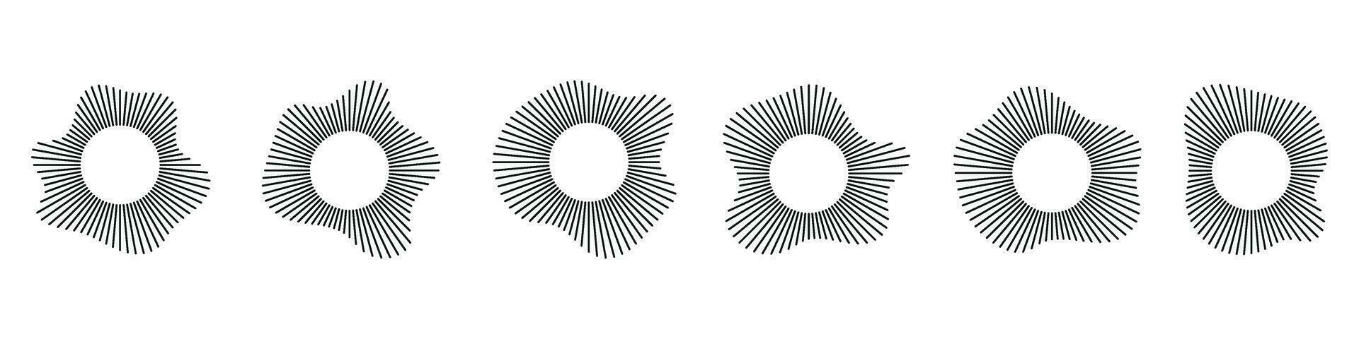 cirkulär former av ljud vågor, för audio musik, runda ikoner av röst, logotyper, utjämnare, radialer i spektrum, mönster i ringar. platt vektor illustrationer isolerat på vit bakgrund.
