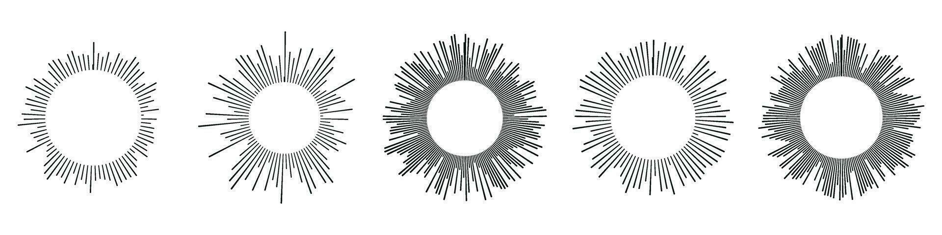 Klang Wellen im kreisförmig Formen, verknüpft mit Audio- Musik, runden Stimme Symbole, Logos zum Ausgleicher, radial Spektren, Ringe im Muster. eben Vektor Abbildungen isoliert auf Weiß Hintergrund.