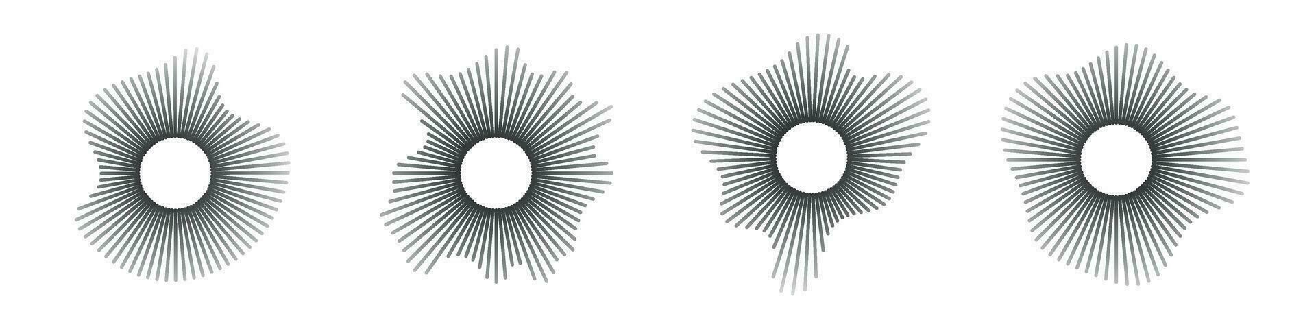 Klang Wellen im kreisförmig Formen, verknüpft mit Audio- Musik, runden Stimme Symbole, Logos zum Ausgleicher, radial Spektren, Ringe im Muster. eben Vektor Abbildungen isoliert auf Weiß Hintergrund.