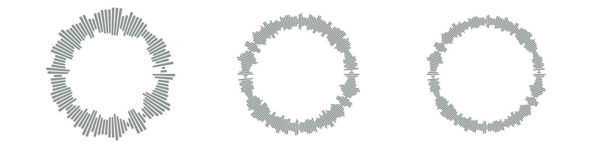 Schall Kreis Symbole Sammlung. Grafik Muster Musik- Wellen und Radio Klang Linien. Visuals im ein runden, Spiral- form. eben Vektor Abbildungen isoliert auf Weiß Hintergrund.