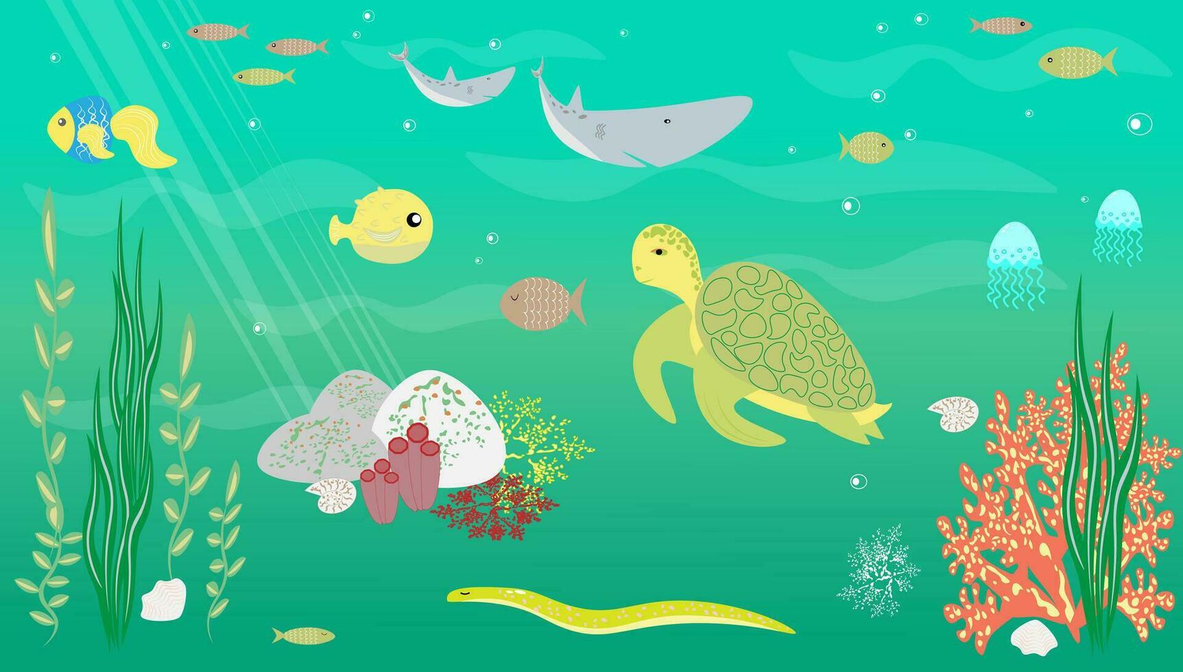 Vektor Illustration Seelandschaft beim das Unterseite von das Ozean Schildkröte Fisch Hai Krabbe Seetang eps10