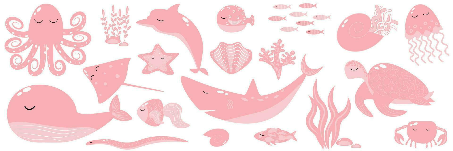 Vektor Illustration Rosa Trend einstellen Marine Tiere Wal Hai Delfin Tintenfisch Stachelrochen Krabbe Banner Vorlage eps10