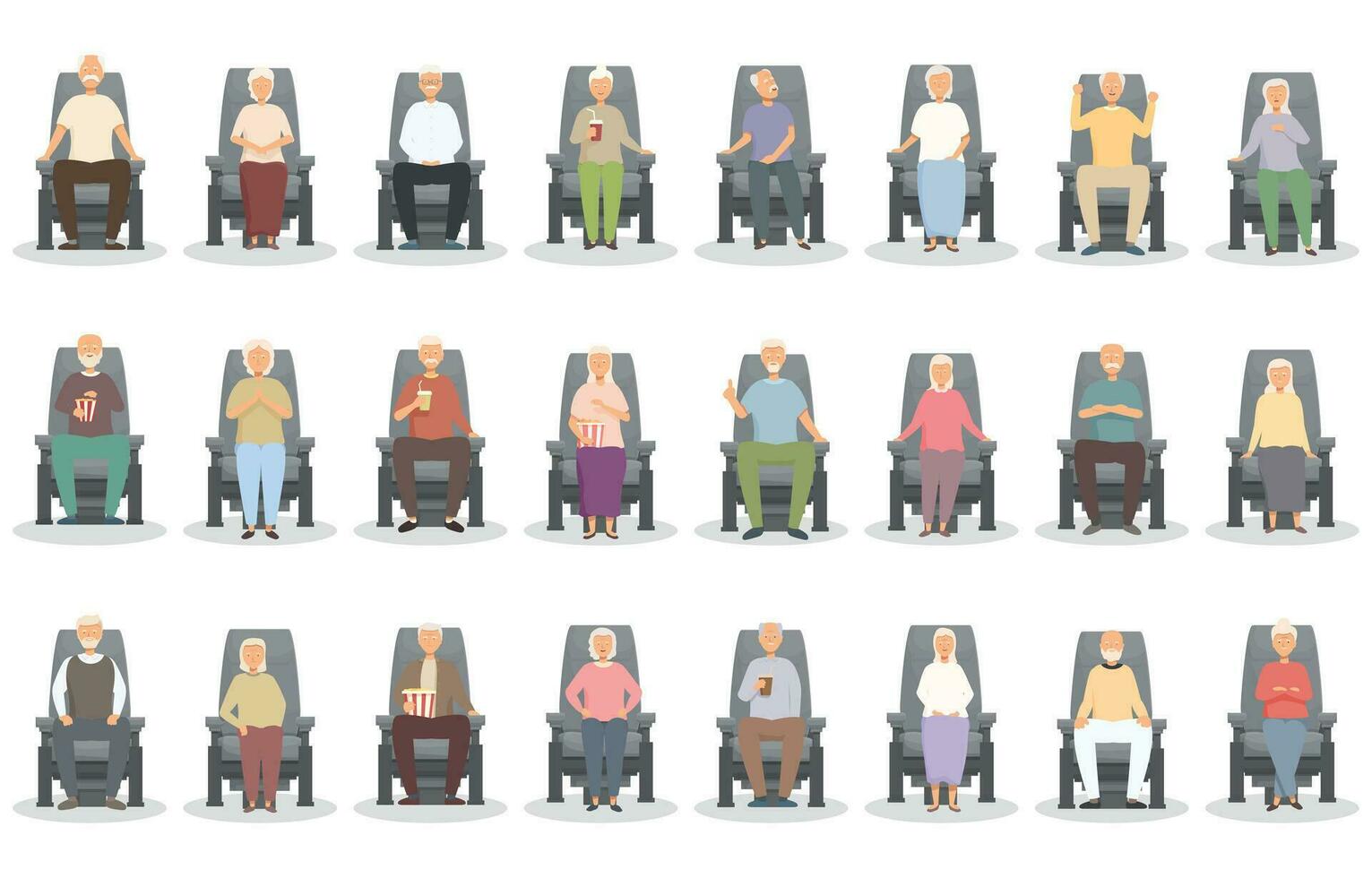 äldre människor i de bio ikoner uppsättning tecknad serie vektor. film teater vektor