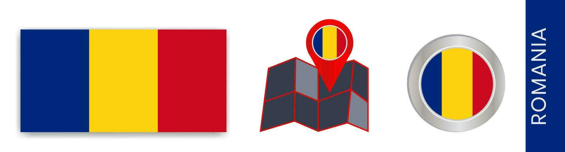 samling av rumänska nationell flaggor isolerat i officiell färger och Karta ikoner av rumänien med Land flaggor. vektor