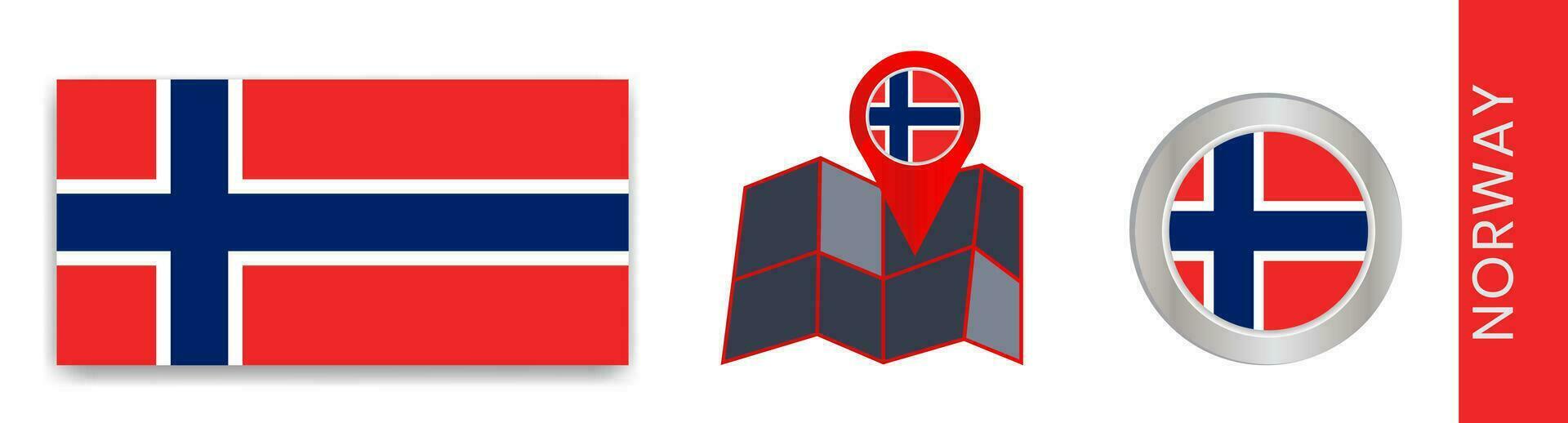 Sammlung von norwegisch National Flaggen isoliert im offiziell Farben und Karte Symbole von Norwegen mit Land Flaggen. vektor