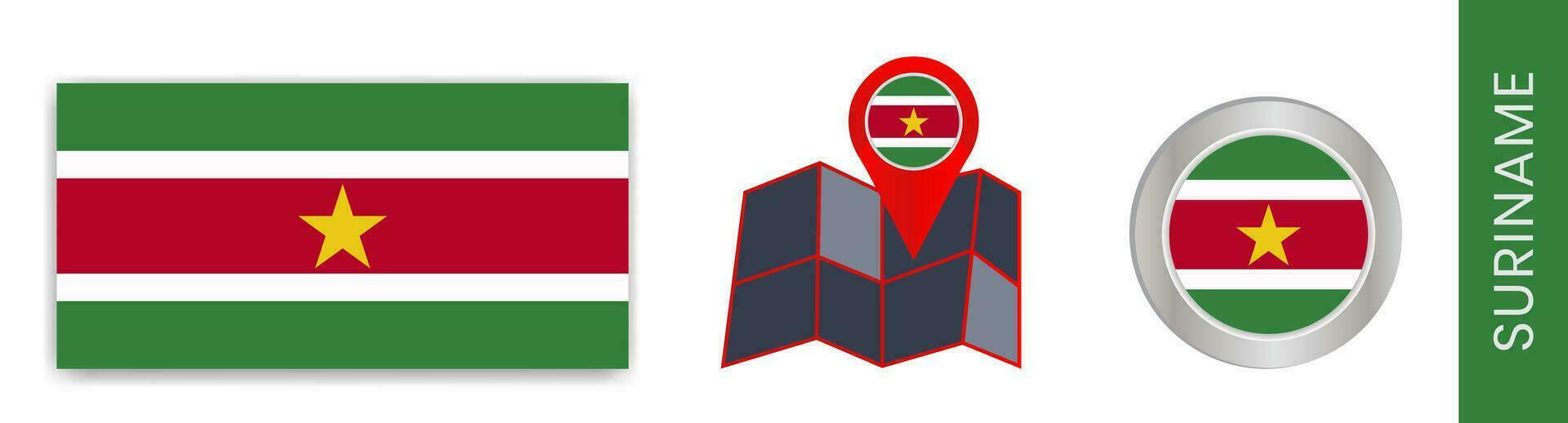 de nationell flagga samling av suriname är isolerat i officiell färger och en Karta ikon av suriname med en Land flagga. vektor