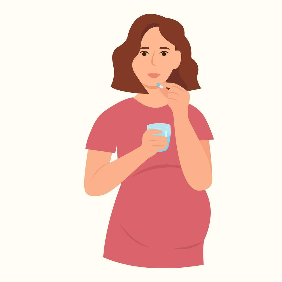 en gravid kvinna tar en pill.girl innehav glas av vatten i händer.medicin, vitaminer, kosttillskott.hälsosamt nutrition.platt vektor illustration