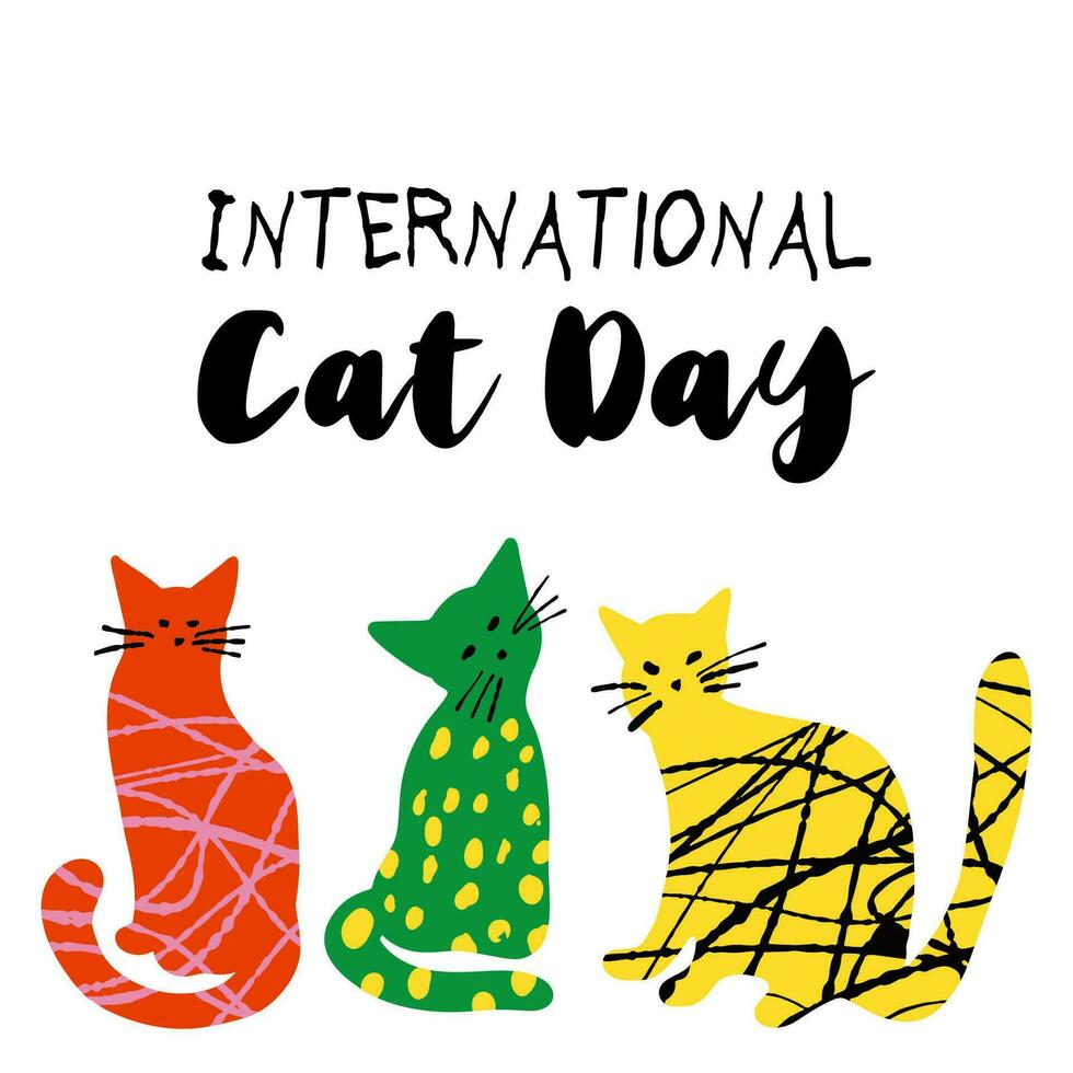 internationell katt dag illustration med texturerad färgrik söt katter isolerat på vit Färg bakgrund vektor