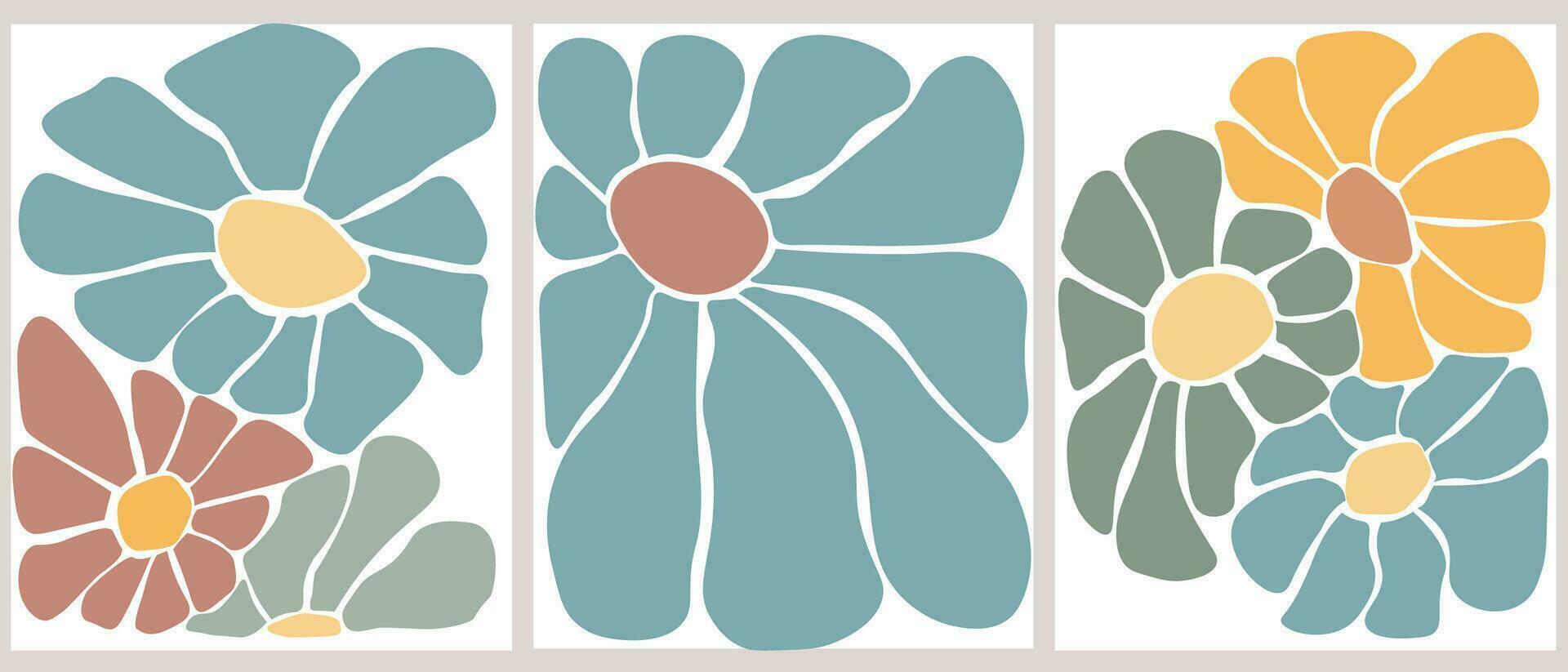 ein einstellen von Plakate mit einfach abstrakt blüht. geometrisch Kamille Blumen im zeitgenössisch drucken. Vektor Grafik.