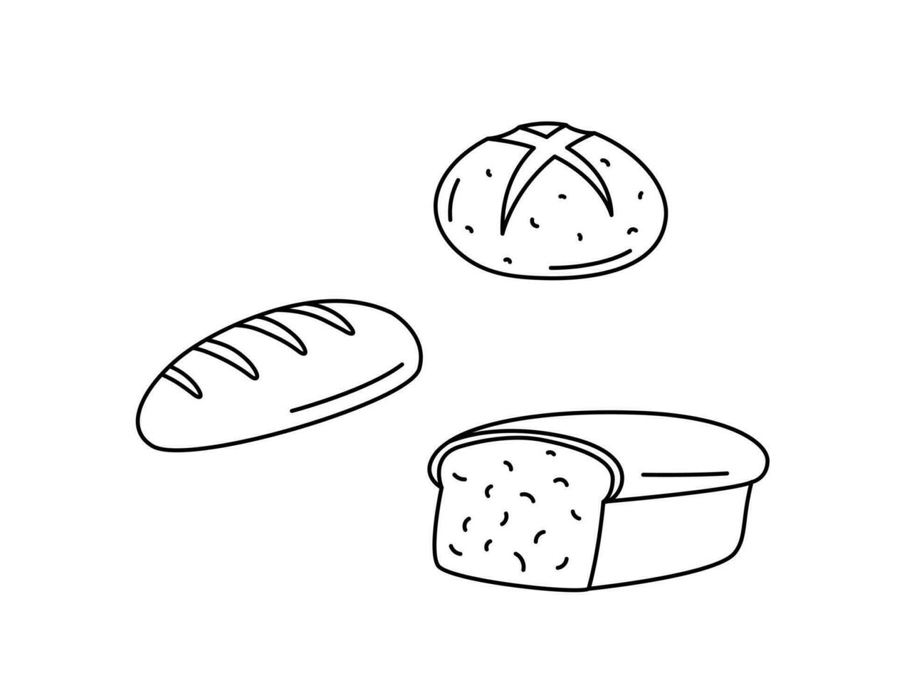 Brot Vektor Kritzeleien Satz. Essen Elemente isoliert schwarz auf Weiß Hintergrund. Hand gezeichnet Gliederung Illustration von Weizen und Roggen Brot. Hand gezeichnet süß Gekritzel Zeichnungen