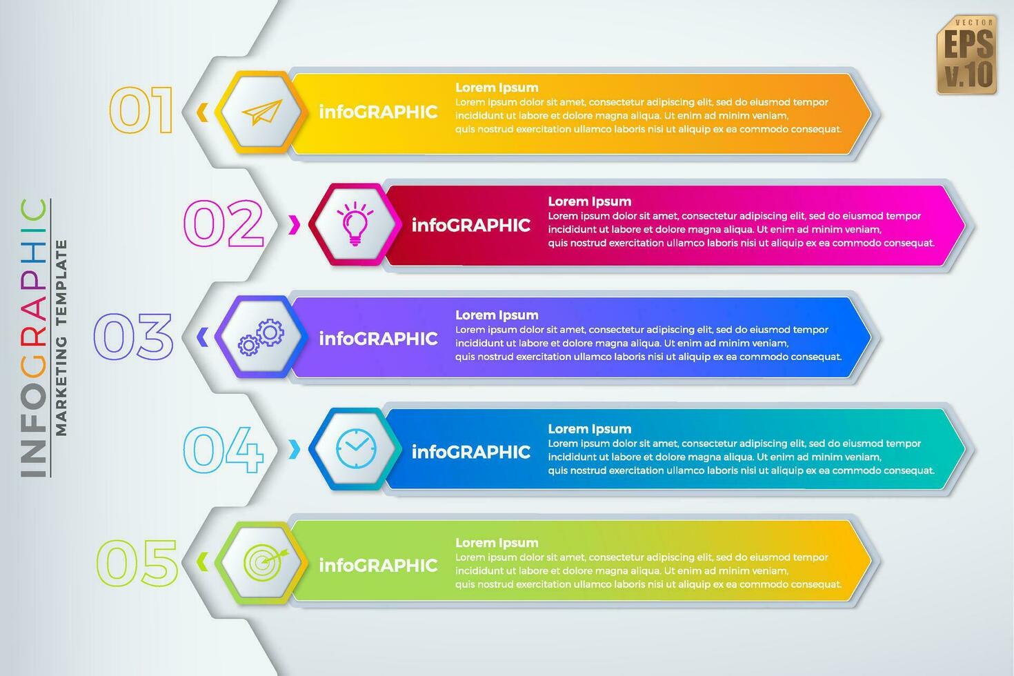 Infografik Vektor Geschäft Design Hexagon Symbole bunt Vorlage. 5 Optionen oder Schritte isoliert minimal Stil. Sie können benutzt zum Marketing Verfahren, Arbeitsablauf Präsentationen Layout, fließen Diagramm, drucken Anzeige.