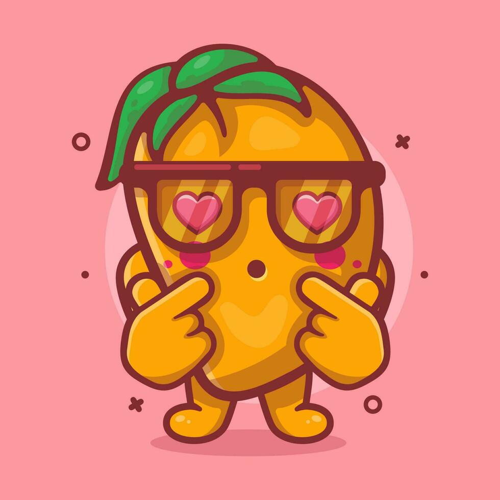 kawaii Mango Obst Charakter Maskottchen mit Liebe Zeichen Hand isoliert Karikatur im eben Stil Design vektor