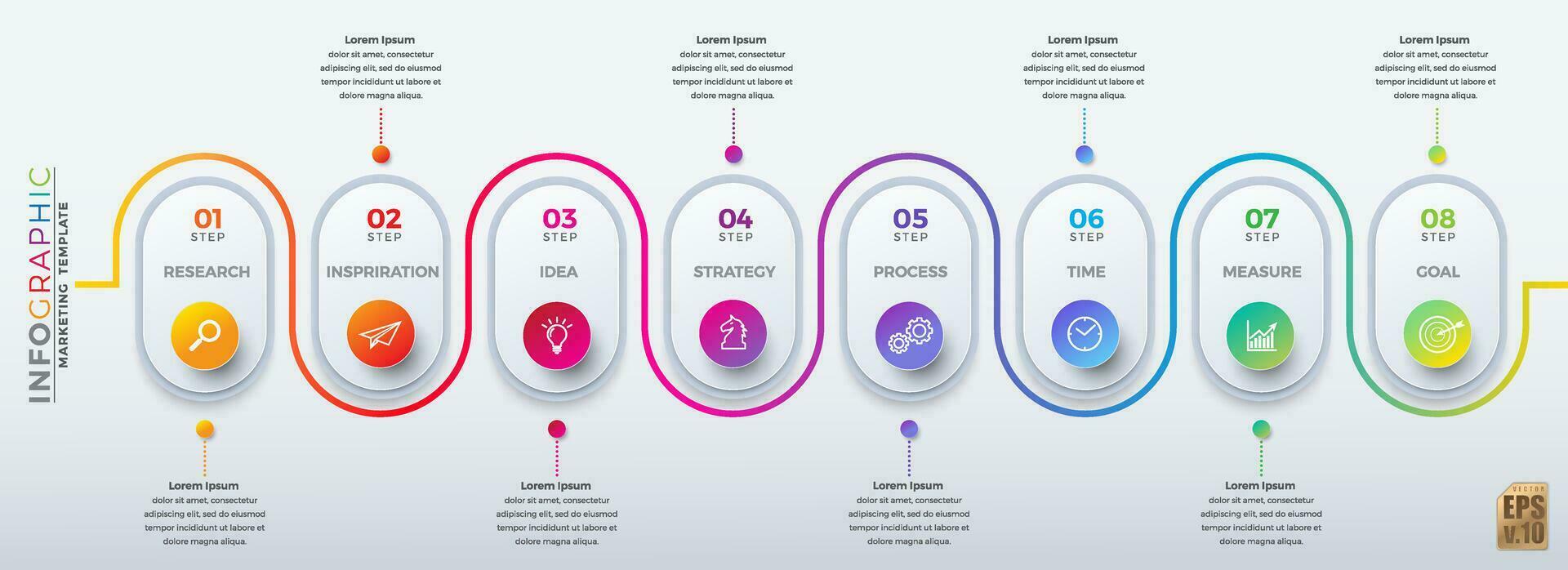 Infografik Vektor Geschäft Marketing Vorlage bunt Design Kreis Symbole 8 Optionen isoliert im minimal Stil. Sie können benutzt zum Marketing Verfahren, Arbeitsablauf Präsentationen Layout, fließen Diagramm, drucken Anzeige