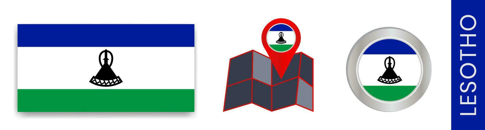 Sammlung von isoliert Lesotho Flaggen im offiziell Farben und ein Karte Symbol von Lesotho mit ein Land Flagge. vektor