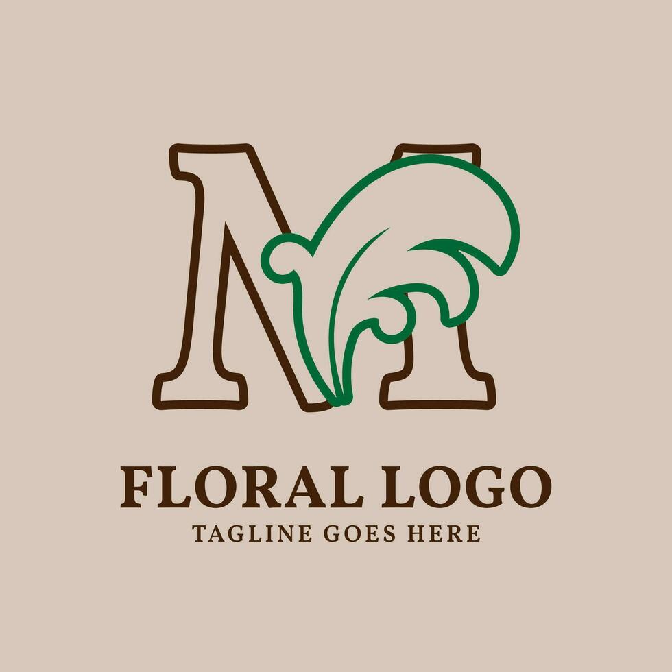 Brief m Blumen- umrissen Jahrgang Blatt Farbe Vektor Logo Design