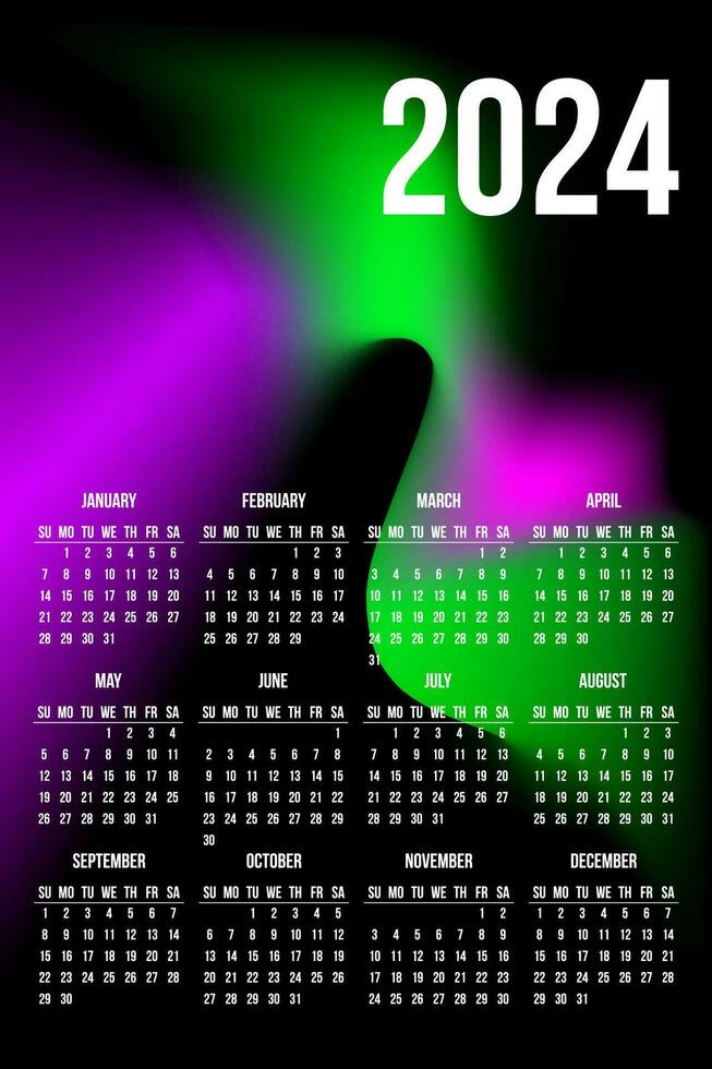 kalender 2024 mall design på abstrakt bakgrund grön violett lutning Färg form på svart vektor