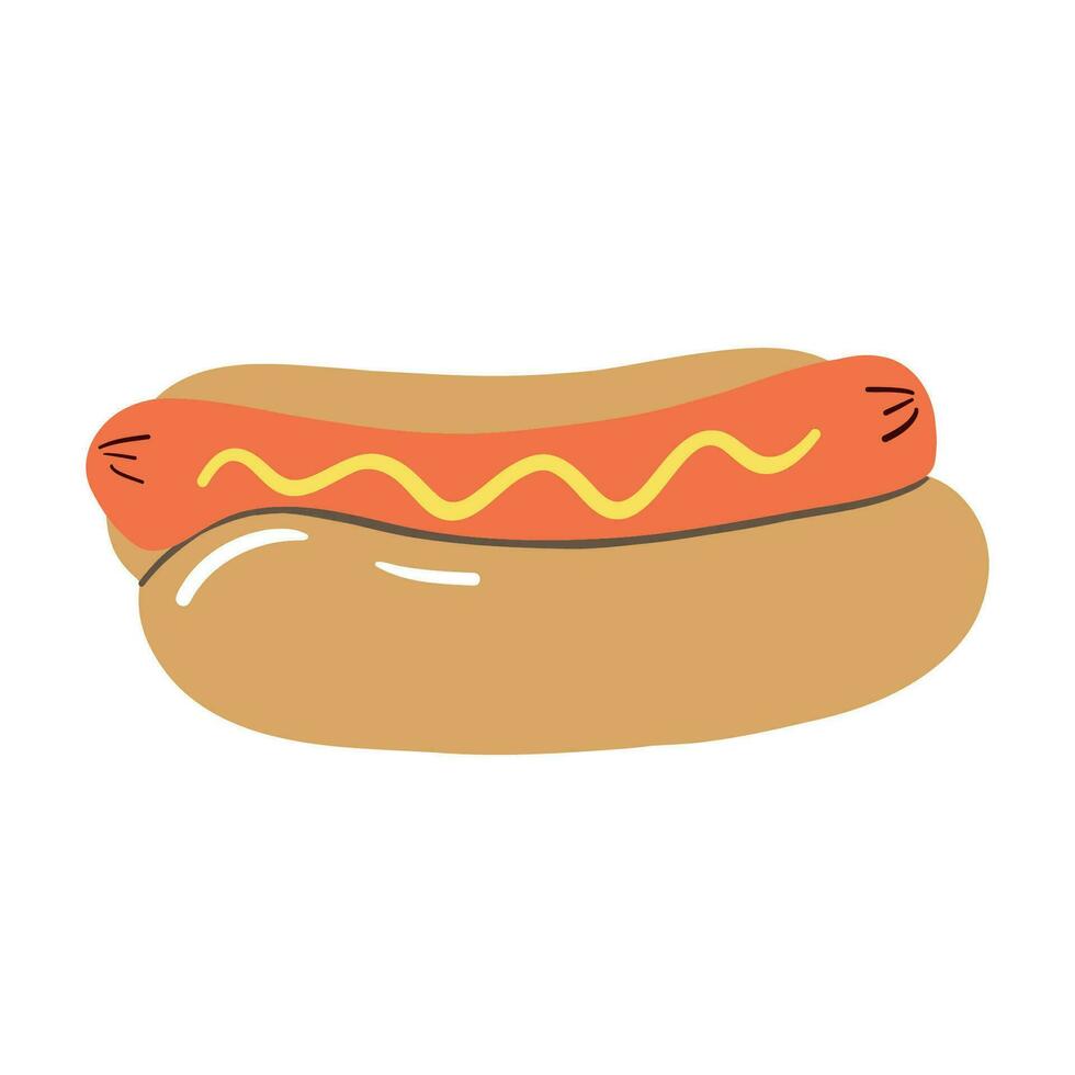 heiß Hund Illustration. schnell Lebensmittel. amerikanisch Essen.lecker Essen mit ein Würstchen Lügen im ein Brötchen und gegossen Senf. Hand gezeichnet Vektor Design zum Speisekarte, Logo, Poster