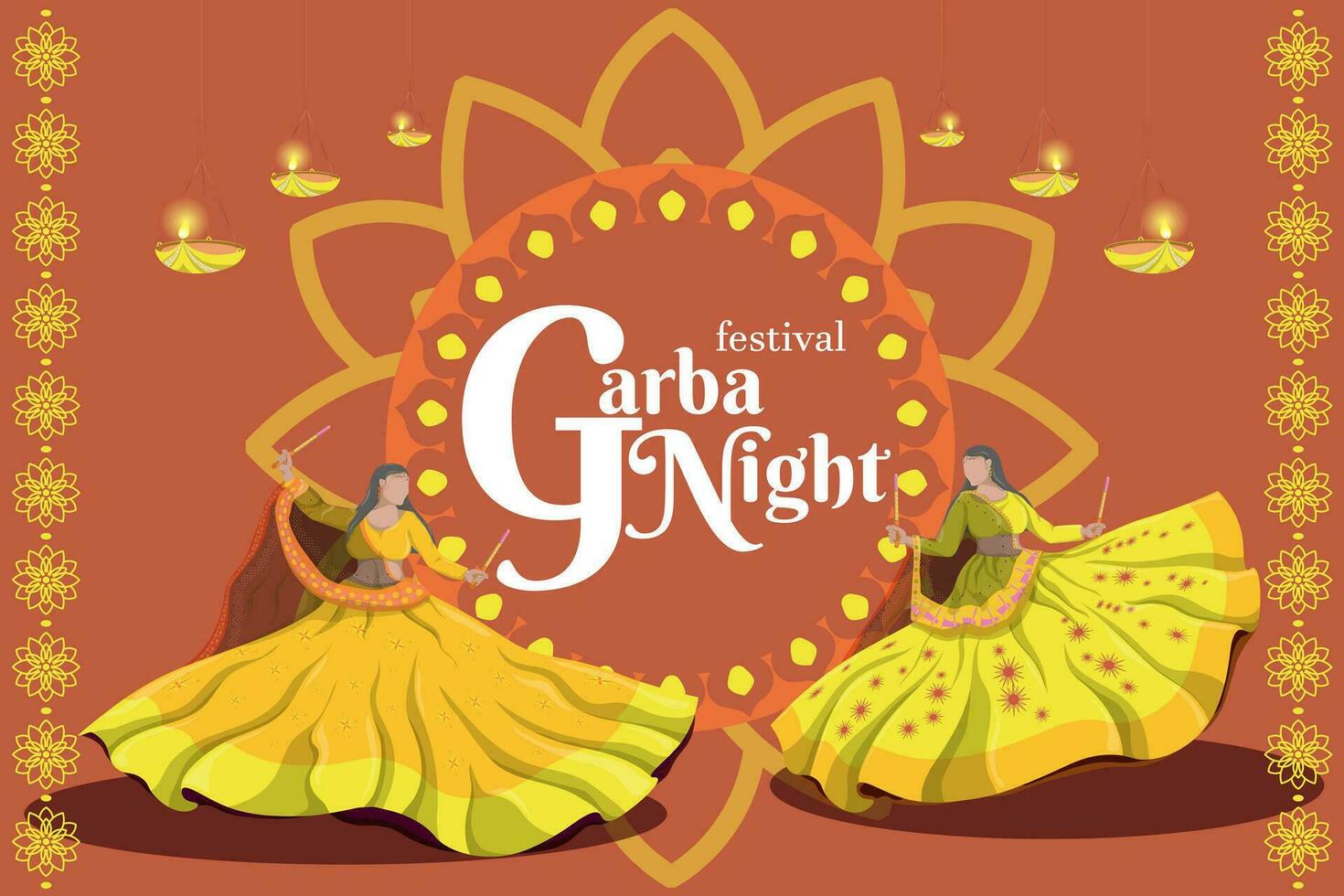 illustrationer för de Navratri festival. flickor dansa nationell danser. Lycklig durga puja. garba natt. vektor