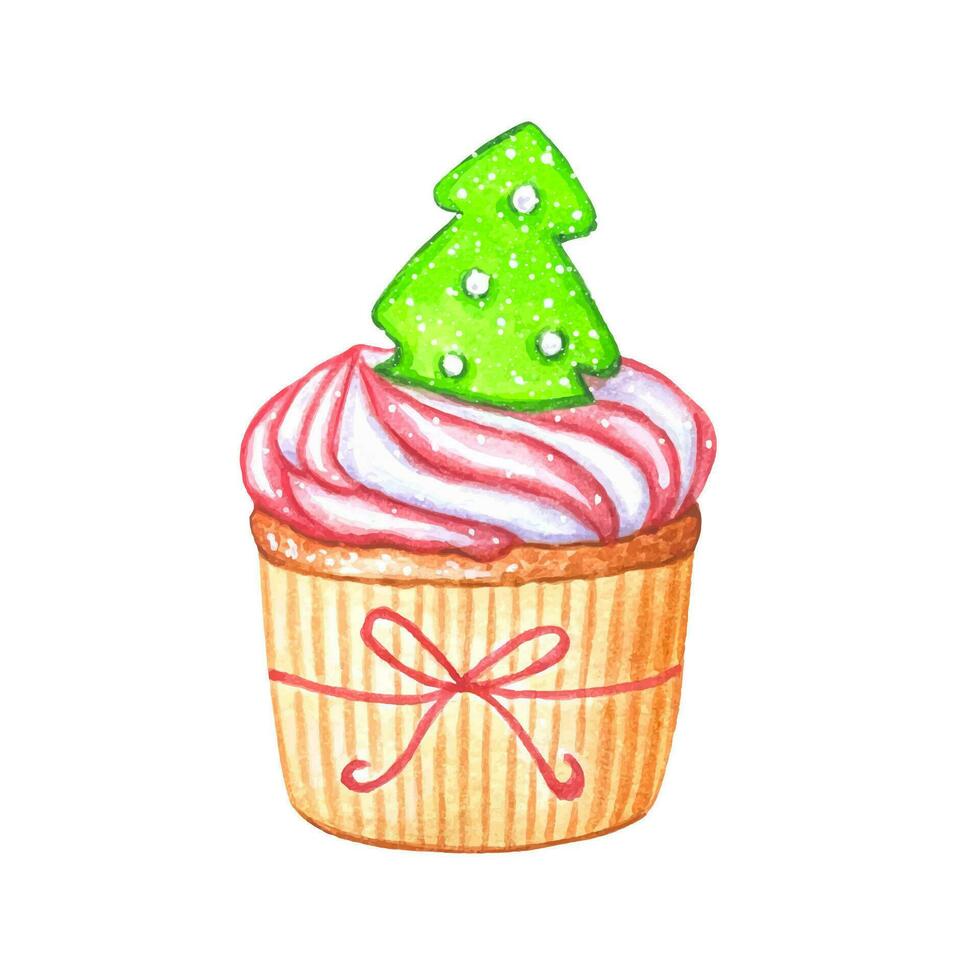 Weihnachten Aquarell Cupcake mit Rosa Sahne vektor