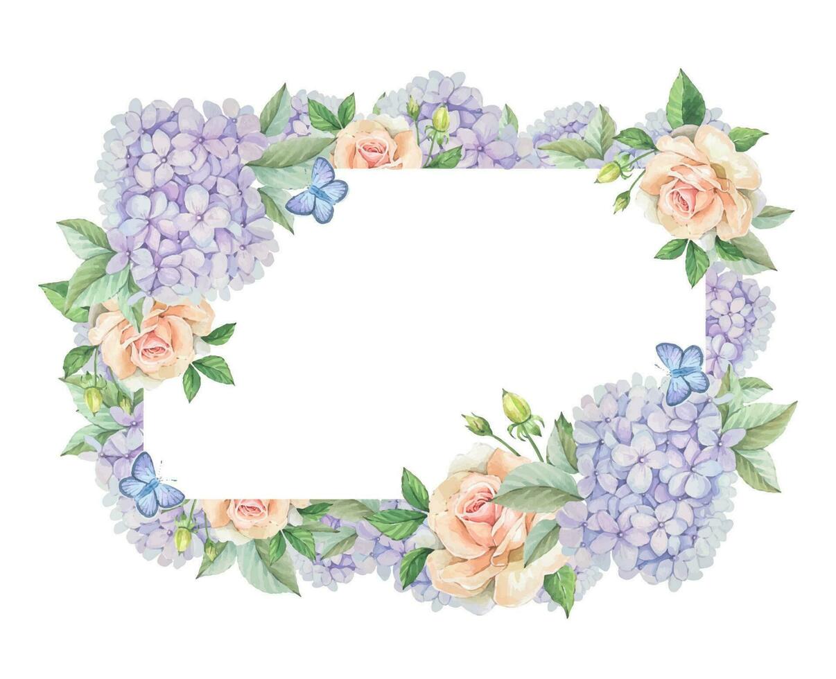 Blumen- Rahmen mit Sanft lila Hortensie, zart Rosen und Blätter, Aquarell vektor