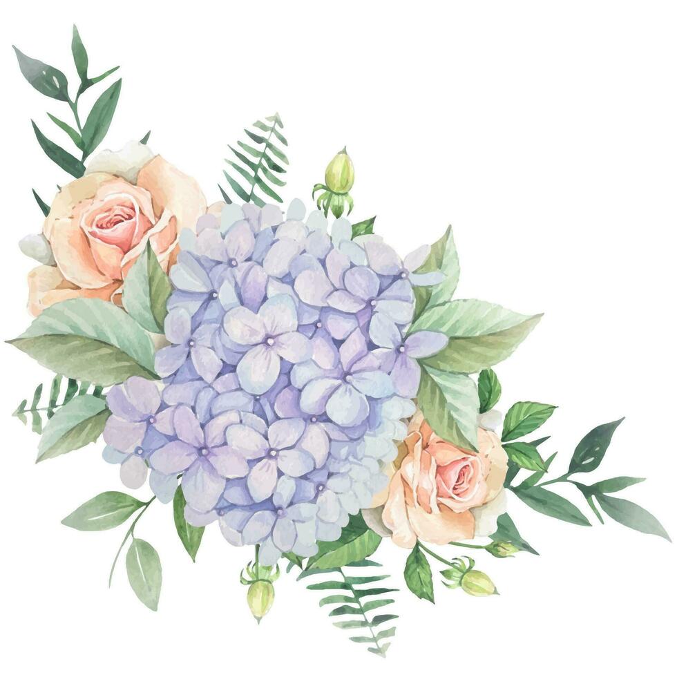 blommig bukett med mjuk lila hortensia, delikat ro och löv, vattenfärg vektor