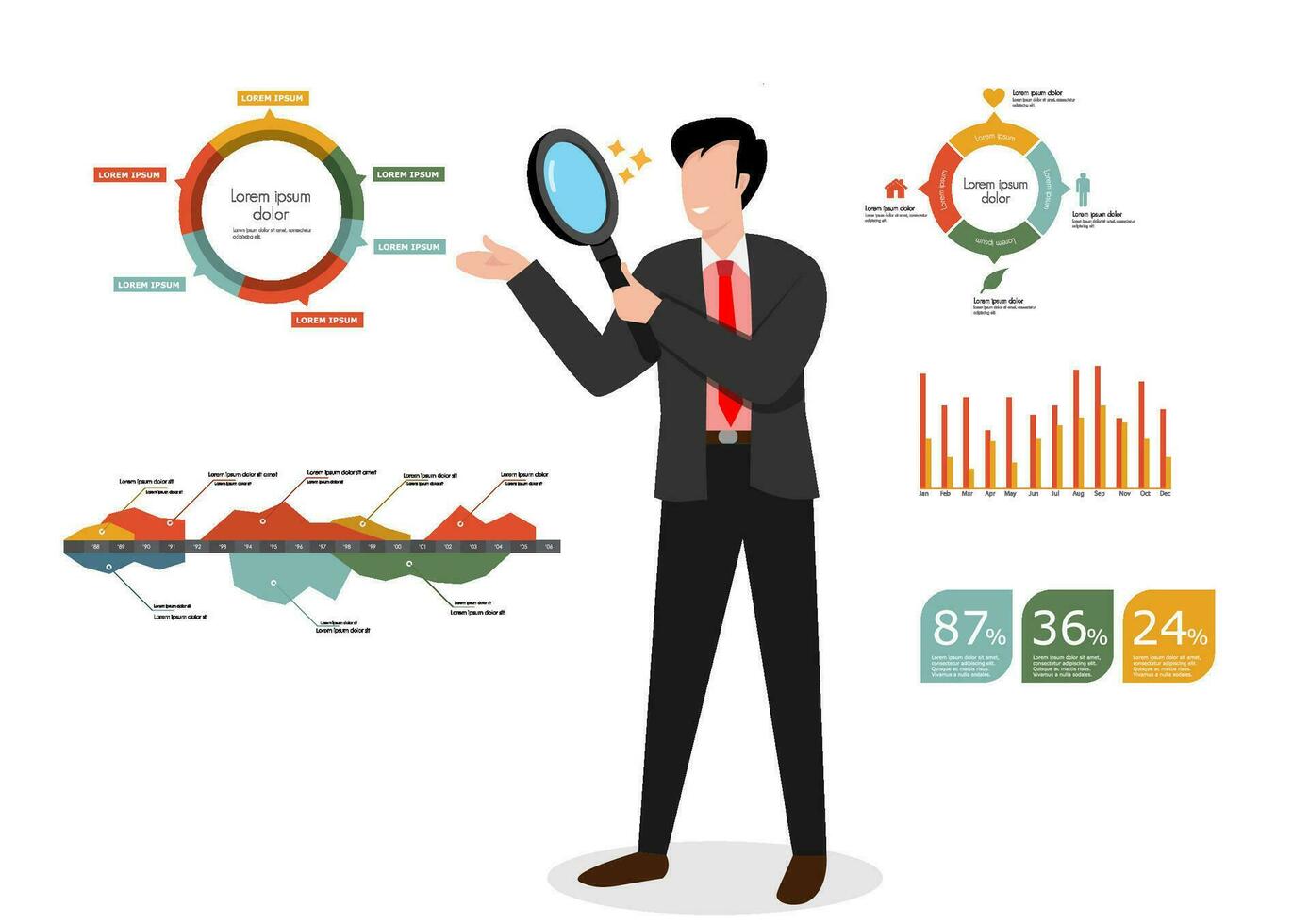 Daten Analyse Diagramm und Bericht, finanziell Forschung oder analysieren Information zum Marketing Einblick, Analytik oder Optimierung Diagramm, Clever Information, Geschäftsmann analysieren Daten mit Vergrößerung Glas. vektor