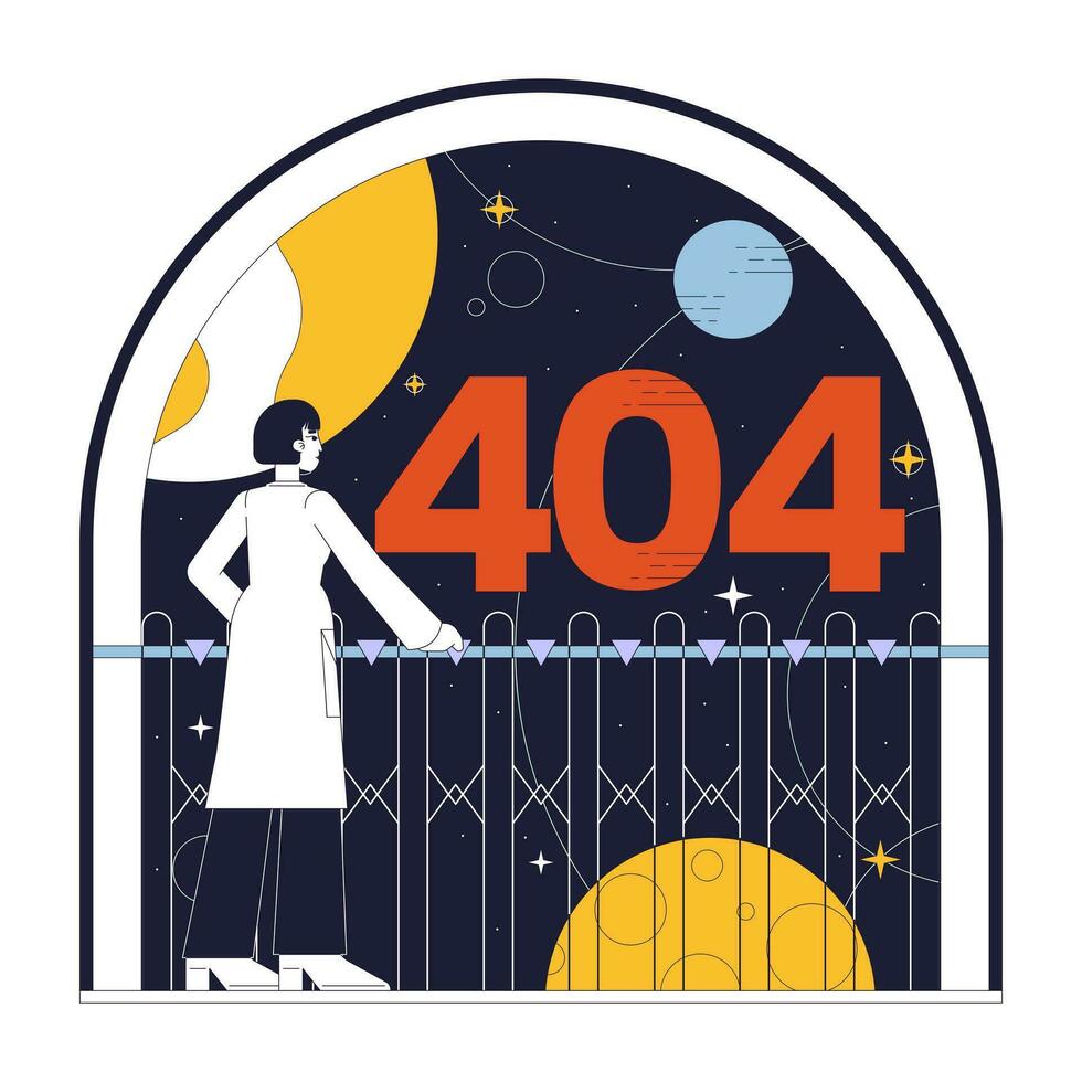 kvinna astronomi fel 404 blixt meddelande. forskare observera himmel med himmelsk kroppar. tömma stat ui design. sida inte hittades dyka upp tecknad serie bild. vektor platt illustration begrepp på vit bakgrund