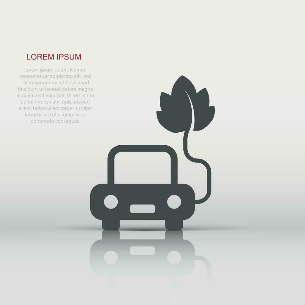 eco bil ikon i platt stil. blad och bil vektor illustration på vit isolerat bakgrund. bio laddning tecken företag begrepp.