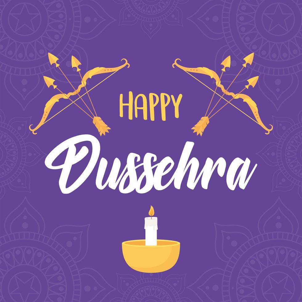 Happy Dussehra Festival of India Bogenpfeile Kerzen in Lampenkarte vektor
