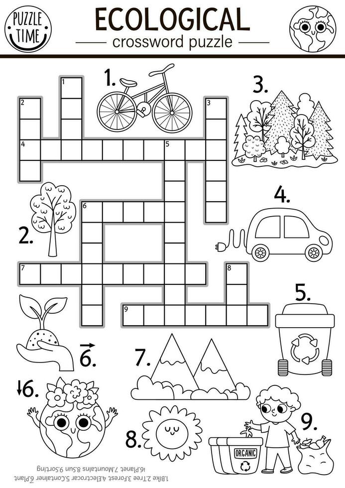 Vektor ökologisch Kreuzworträtsel Puzzle zum Kinder. schwarz und Weiß Erde Tag Färbung Seite mit Öko Stadt Landschaft. Öko Bewusstsein lehrreich Linie Aktivität. süß Kreuz Wort mit Wald, Planet