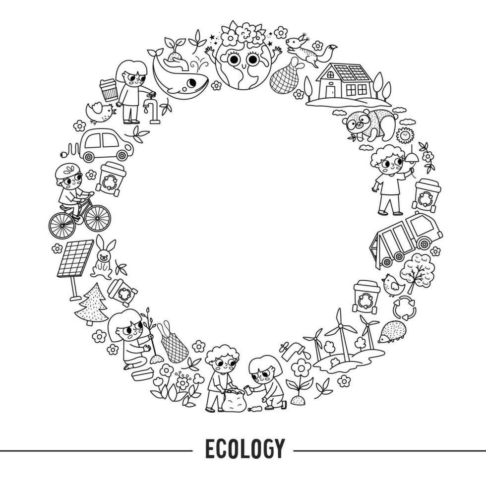 Vektor schwarz und Weiß ökologisch runden Rahmen mit süß Kinder Pflege von Natur. Erde Tag Karte Vorlage zum Banner, Einladungen. süß Umgebung freundlich Färbung Seite