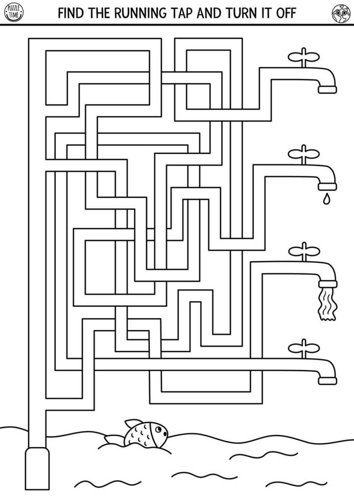 ekologisk svart och vit labyrint för barn med vatten sparande begrepp. jord dag förskola aktivitet med löpning knacka. eco medvetenhet labyrint spel eller färg sida med vatten rör, kranar vektor