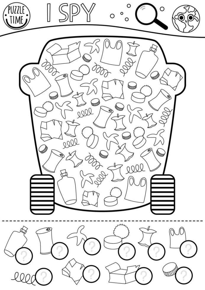 ekologisk svart och vit jag spionera spel för förskola ungar. sökande och räkning aktivitet med sopor och skräp bin. jord dag linje tryckbar arbetsblad. enkel noll avfall eller sortering färg sida vektor