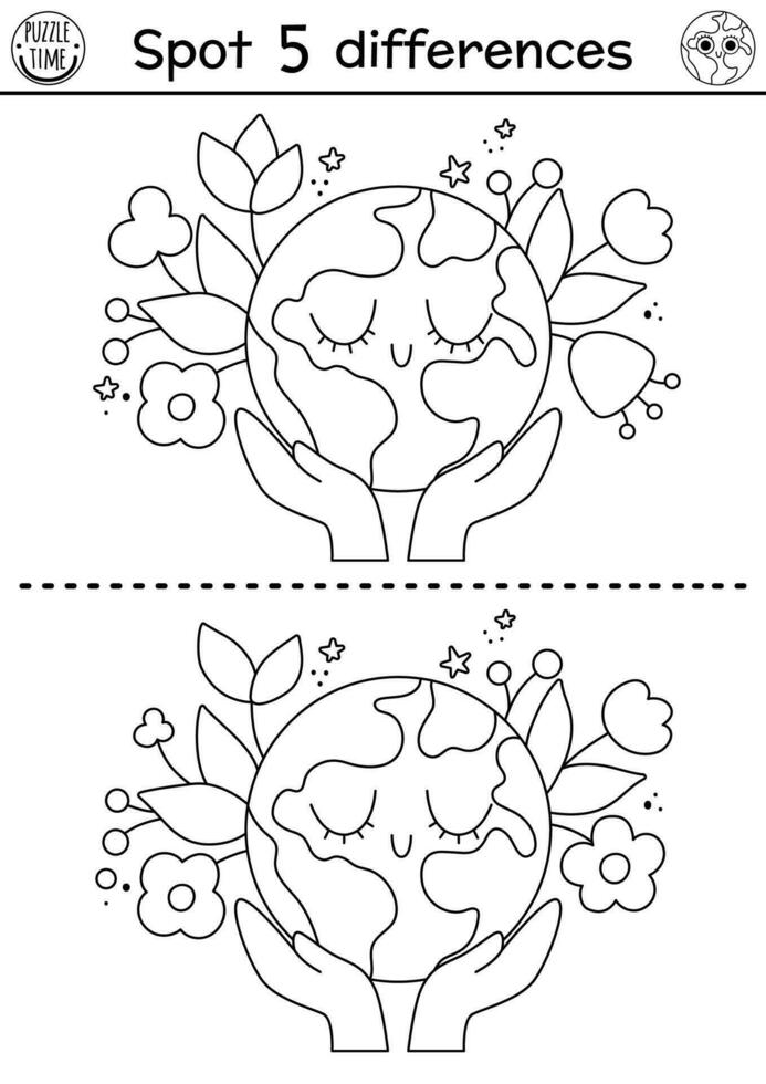 hitta skillnader spel. ekologisk svart och vit pedagogisk aktivitet med händer innehav söt planet med blommor. jord dag linje pussel för ungar. eco medvetenhet eller noll avfall tryckbar färg sida vektor