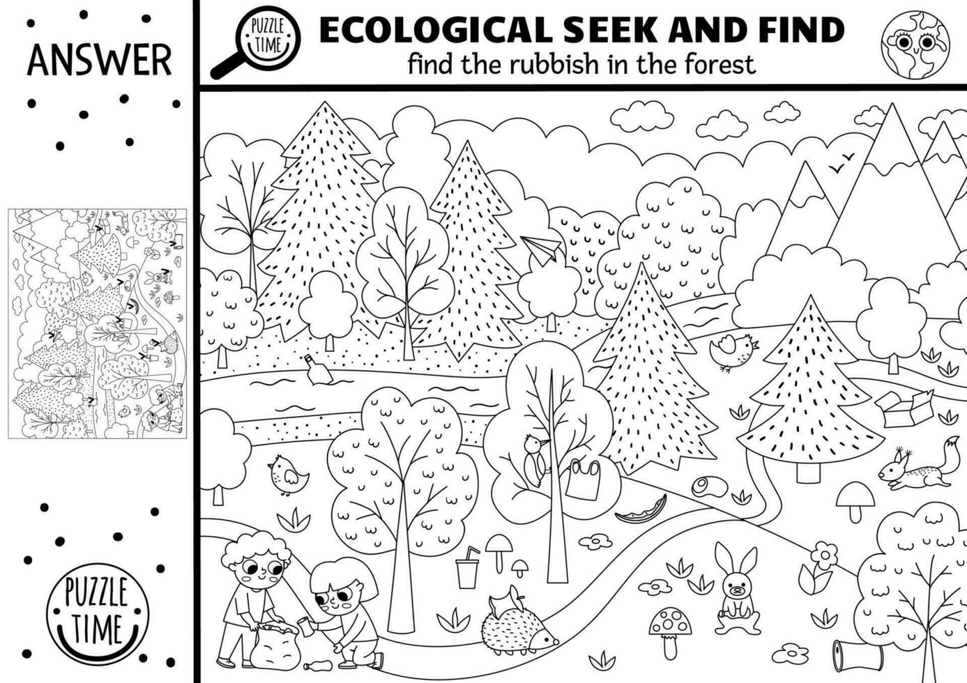 vektor svart och vit ekologisk sökande spel med skog landskap, skräp. fläck dold sopor i bild. noll avfall söka och hitta pedagogisk tryckbar aktivitet. jord dag färg sida
