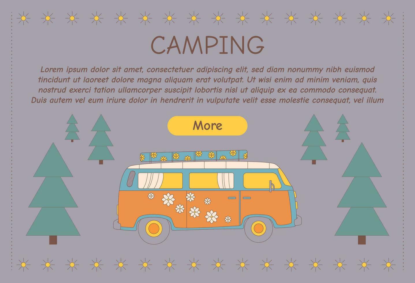 PR flygblad för camping, resa, vandring, picknick. vektor illustration för affisch, baner, omslag, annons, webb sida.