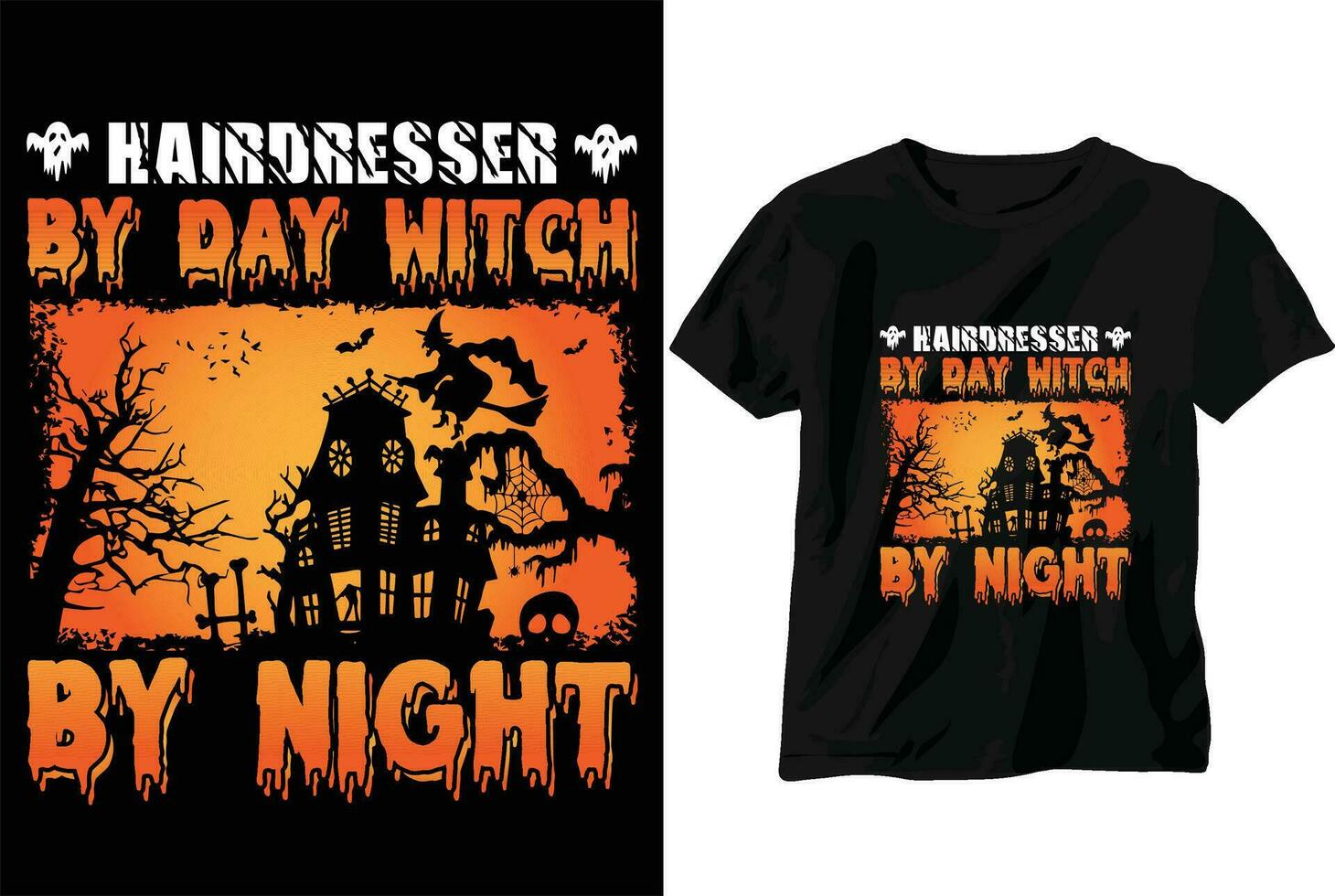 Friseur durch Tag Hexe durch Nacht Halloween T-Shirt Design vektor