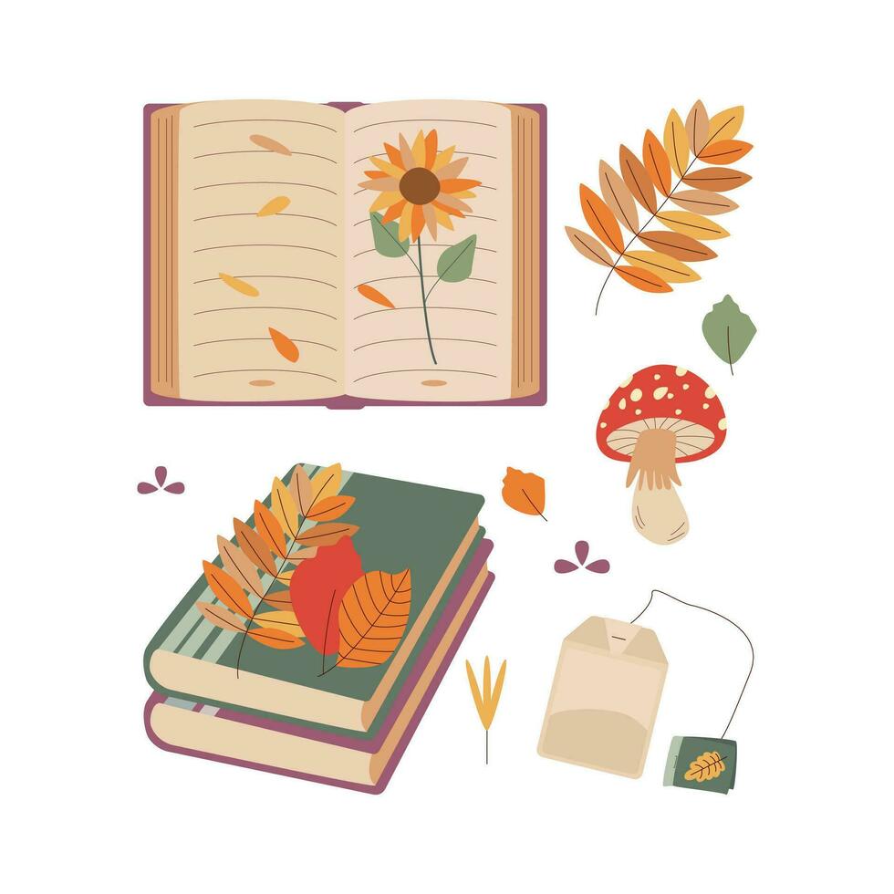 Pilz, Buch, Socke, Blätter, Tee. Hallo Herbst. Herbst Jahreszeit Element, Symbol. vektor