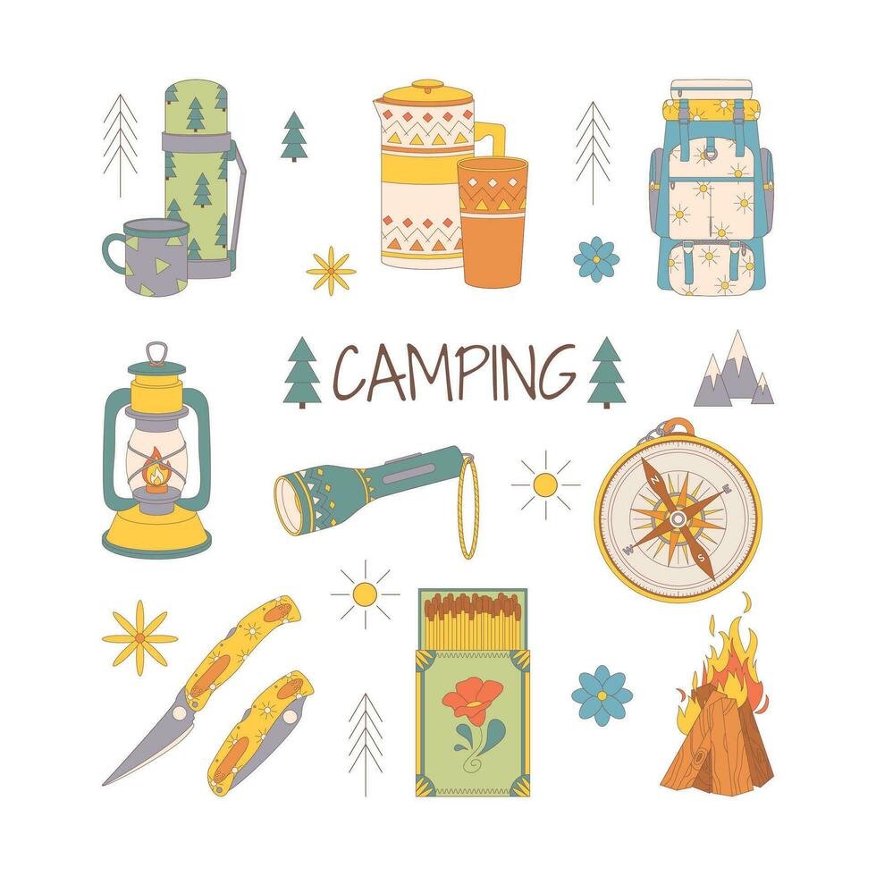 camping och vandring uppsättning, dragen element ryggsäck, ficklampa, kompass, kniv, tändstickor, bål. vektor