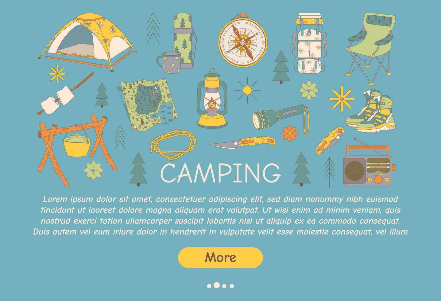 Werbung Flyer zum Camping, reisen, wandern, Picknick. Vektor Illustration zum Poster, Banner, Abdeckung, Werbung, Netz Buchseite.