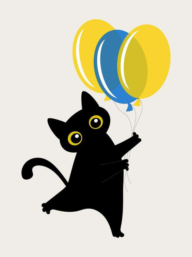 svart rolig katt med gul och blå ballonger. söt festlig vertikal illustration. vektor. vektor