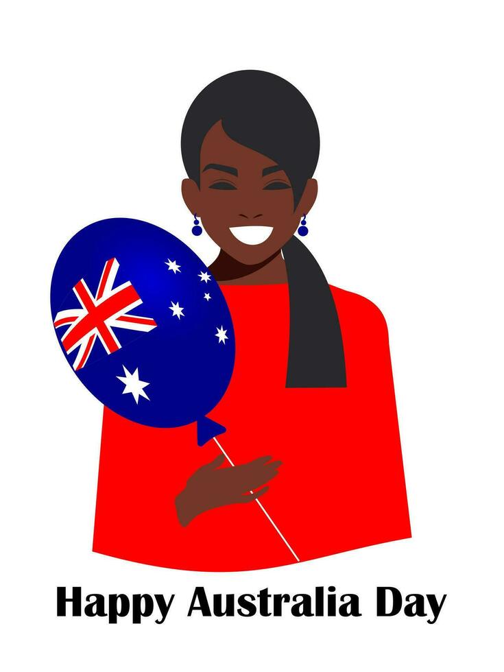 Lycklig Australien dag. afrikansk amerikan skönhet ler och innehar en ballong med de bild av de flagga i henne hand. officiell nationell Semester. vektor. vektor