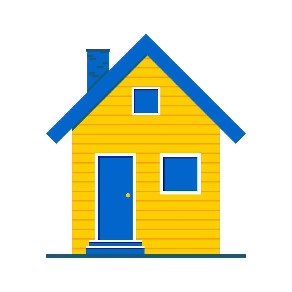Gelb Haus mit Fenster, ein Tür und ein Blau Dach. gemütlich Unterkunft isoliert auf Weiß Hintergrund. Vektor. vektor