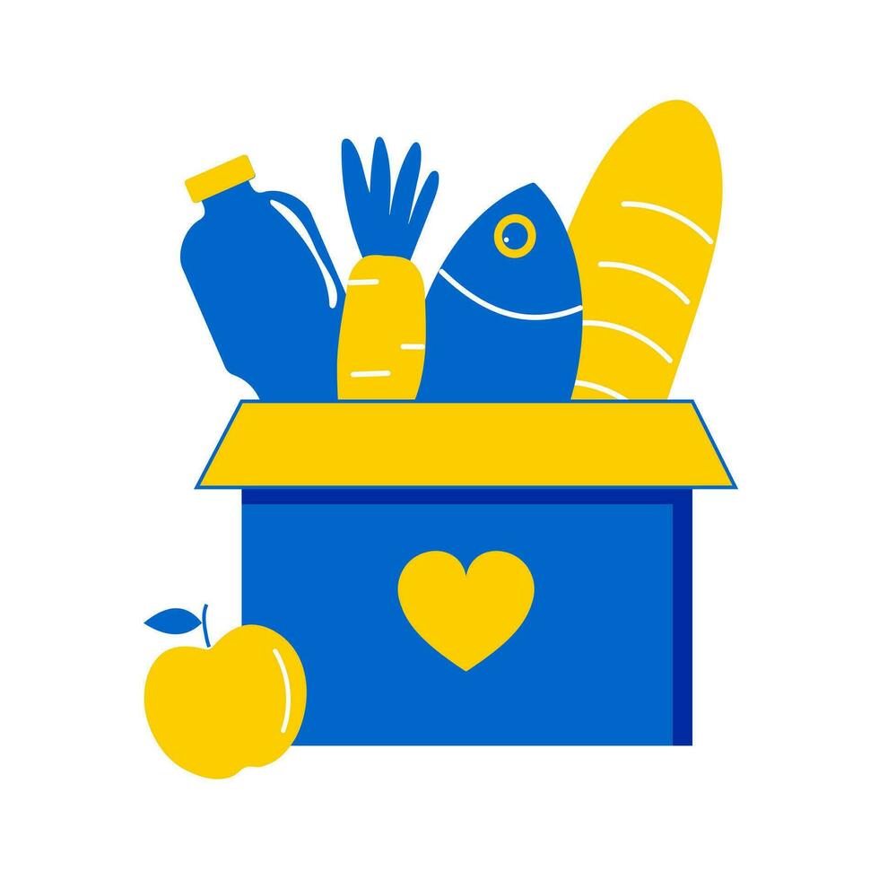 Lebensmittelgeschäft humanitär einstellen im Blau und Gelb Farben. Spenden und Nächstenliebe Essen, brot, Wasser, Früchte und Gemüse. Freiwillige Hilfe. Vektor. vektor