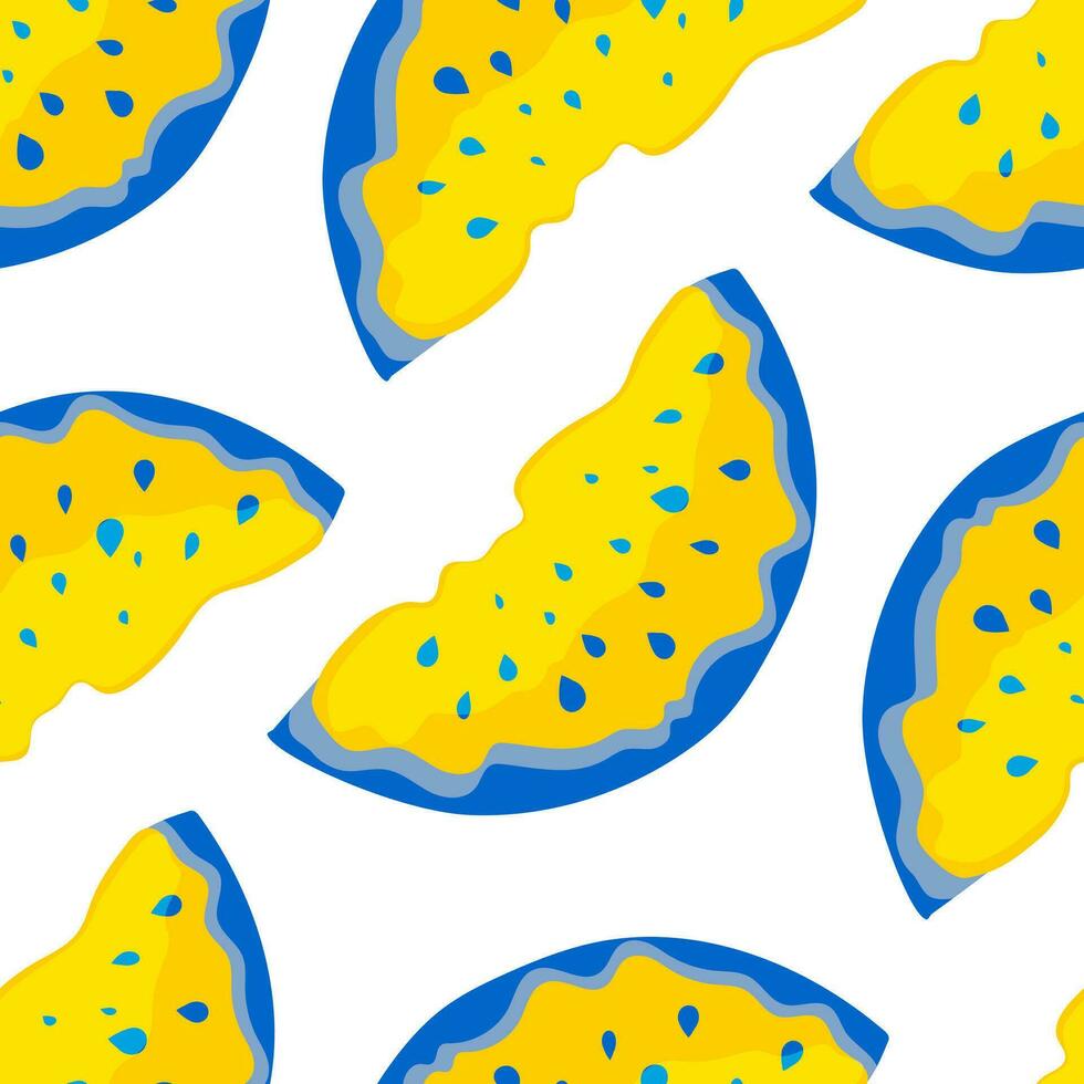 ein Stück von Gelb Wassermelone mit Blau Saat auf ein Weiß Hintergrund. nahtlos süß Muster zum modern Textil, dekorativ Papier. Vektor. vektor