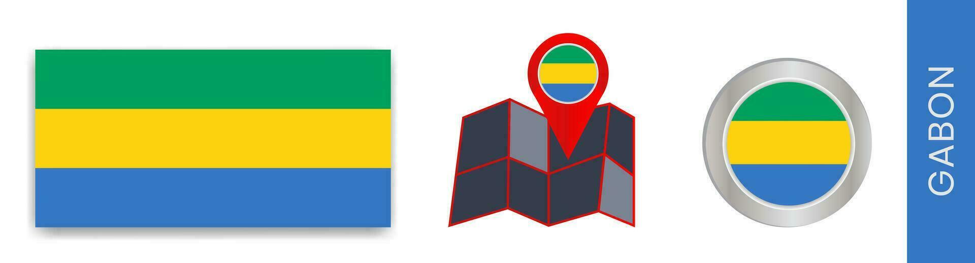 Sammlung von gabonese National Flaggen isoliert im offiziell Farben und ein Karte Symbol von gabon mit ein Land Flagge. vektor